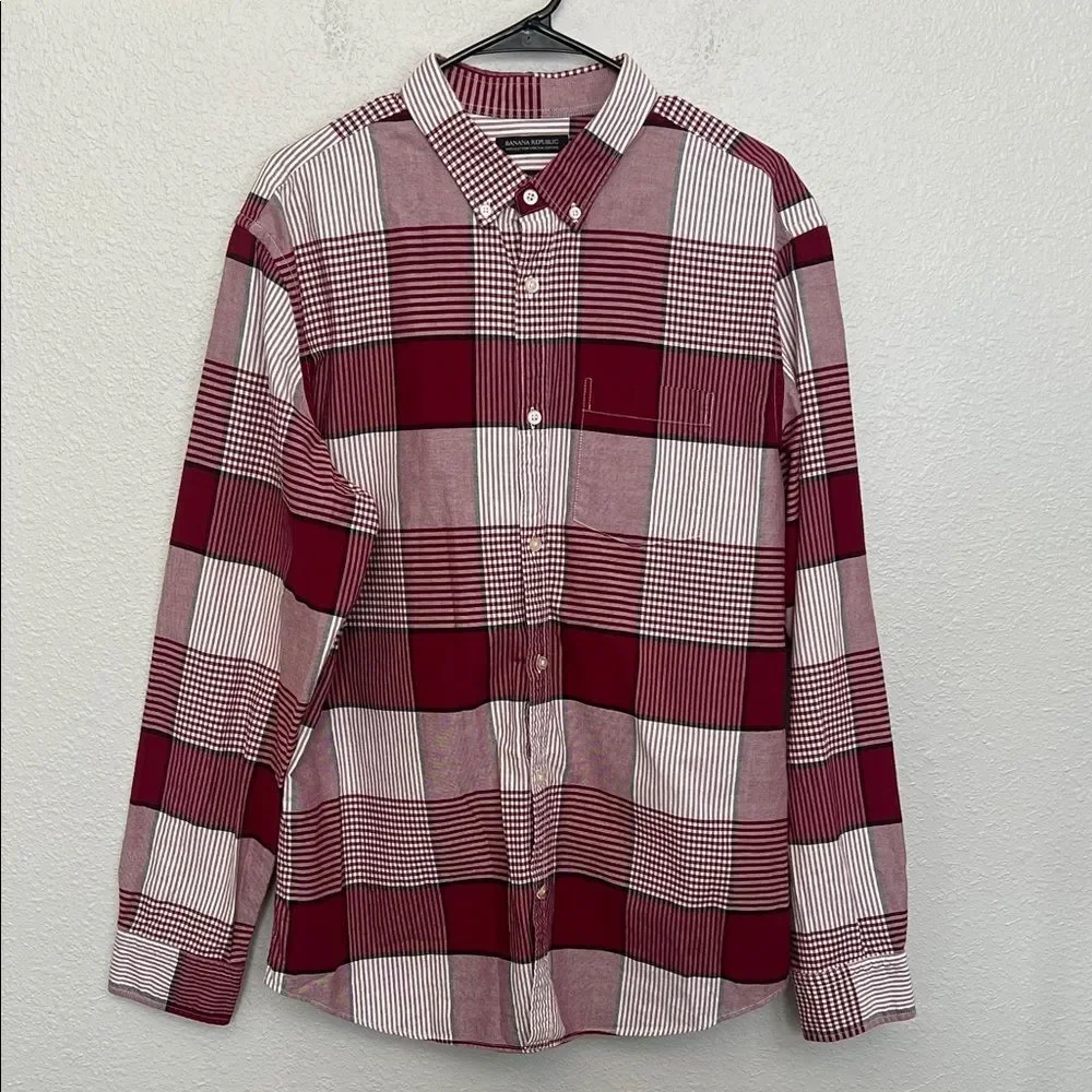 Banana Republic Grant Fit Stretch Oxford Button Down Red Plaid Size XL